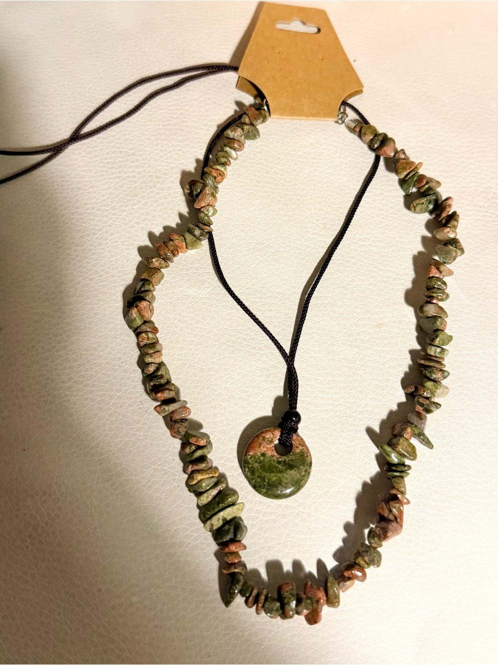 Set of 2 Unakite Gemstone Necklace Set = Chip Bead Layered with circle pendant